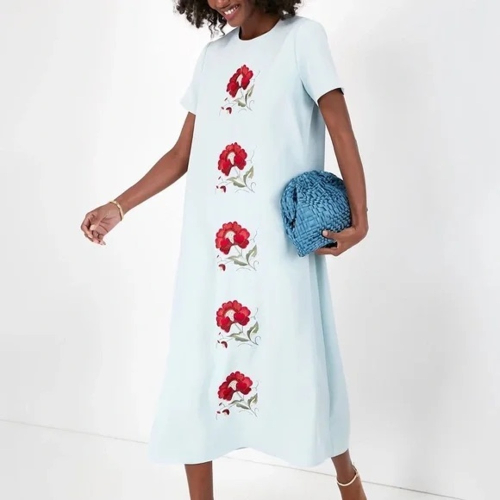 Light Blue Shift Dress with Red Floral Embroidery